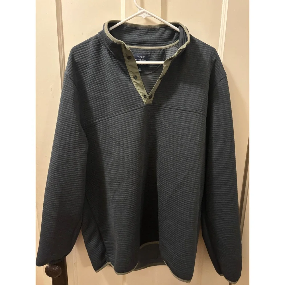 J.Crew Authentic Fleece Mens XL Ribbed Snap Neck Pullover Charcoal Gray Olive